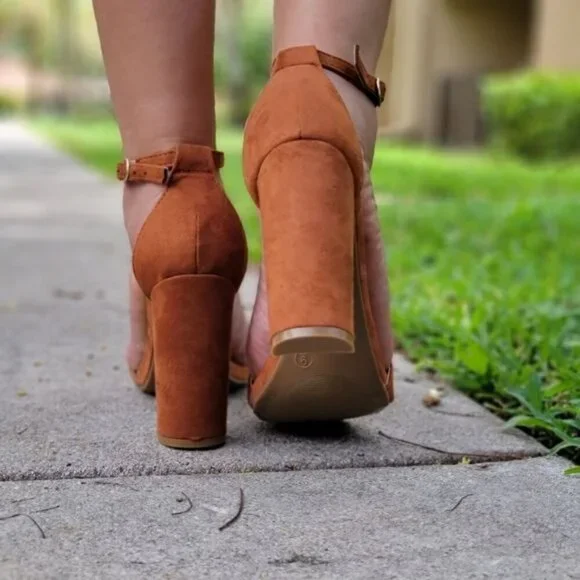Tan Suede Ankle Strap Block Heel Dress Sandals - Picture 10 of 11